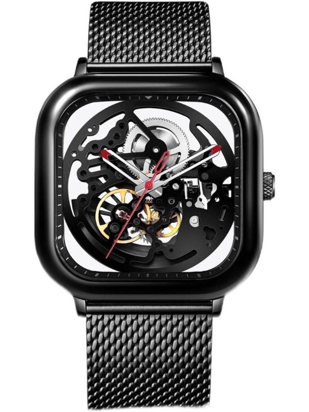 Men's Black Series Skeleton Analog Milanese Strap Sapphire Crystal Wrist Watch